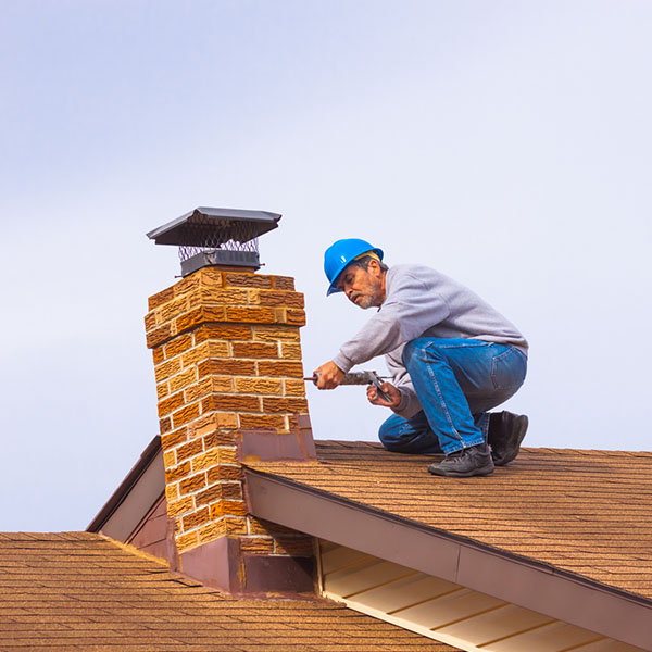 Contractor Builder with blue hardhat on the roof caulking chimney